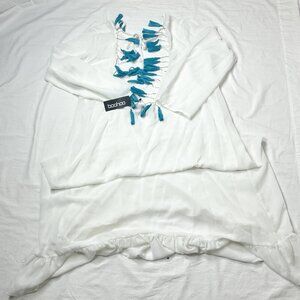 NWT Boohoo Size 14 Maxi Beach Dress Sheer White Plus Turquoise Tassle Scoop Back